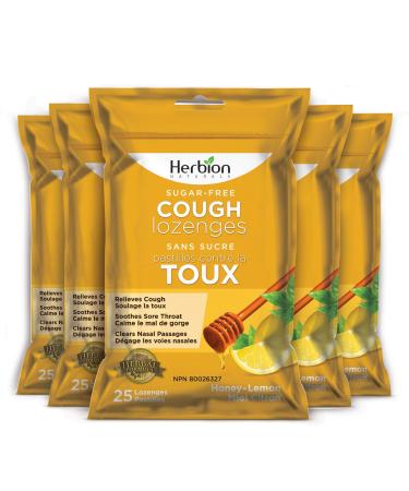 Herbion Naturals Cough Lozenges Sugar Free Honey Lemon Flavor | Cough Suppressant | Sore Throat Relief | Pack of 5 125 Counts