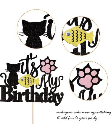 Happy Birthday Cat Cake Topper - Glittery Black Kitten Decoration for Birthday Baby Shower & Wedding Parties - Buy Online on SooperMarket.com