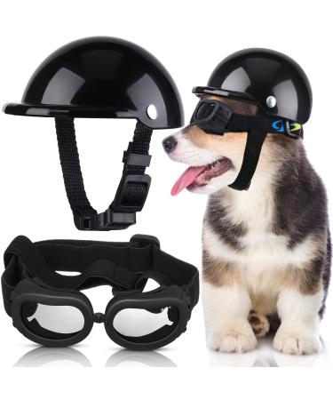 Small Dog Helmet Goggles UV Protection Doggy Sunglasses Pet Dog Glasses Motorcycle Hard Safety Hat with Adjustable Belt Windproof Snowproof Eye Head Protection for Puppy Riding, S Size (Black)