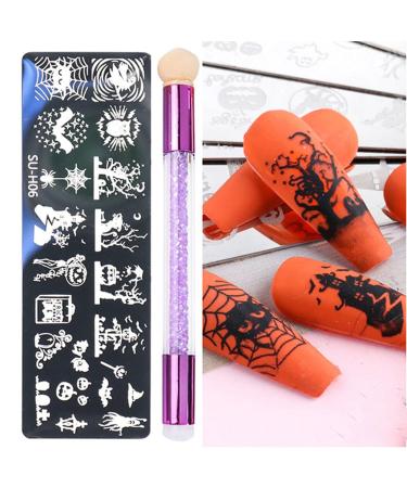 healthGUO Nail Art Stamping Plate Stamper Sponge Pen Halloween Pumpkin Bats Image Nail Polish Template Stamp Stencil Tools Kit 6