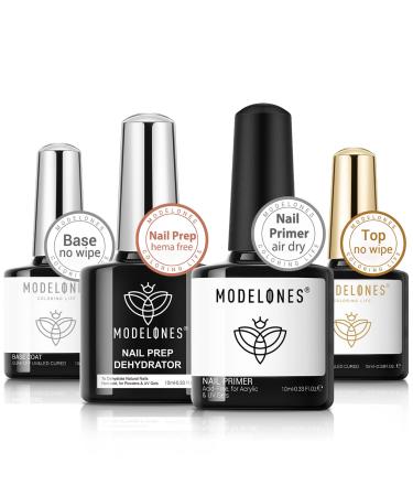 modelones Nail Dehydrator and Primer with Gel Base & Top Coat Set Acid Free Acrylic Nail Supplies Primer Glossy Gel Nail Polish Top Coat Starter Kit