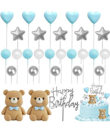 28 PCs Teddy Bear Baby Shower Cake Decorations Boy Blue Teddy Bear Birthday Gender Reveal Cake Topper Party Supplies with Silver Blue White Pearl Ball