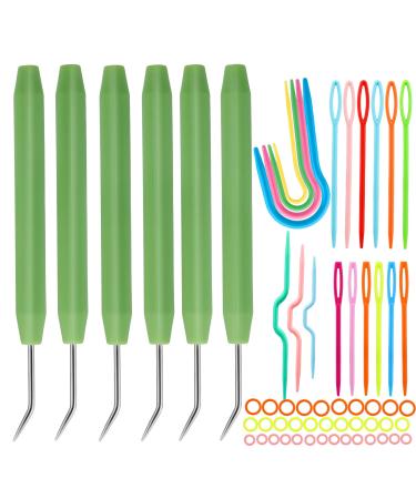 6 Pcs Loom Knit Hook Set  Green Crochet Needle Hook Kit  Knitting Loom Needles with Rubber Handle and 2 Size 12 Pcs Plastic Large Eye  3 Pcs Cable Stitch Holders  U-Cable Stitch Holders for Knitting