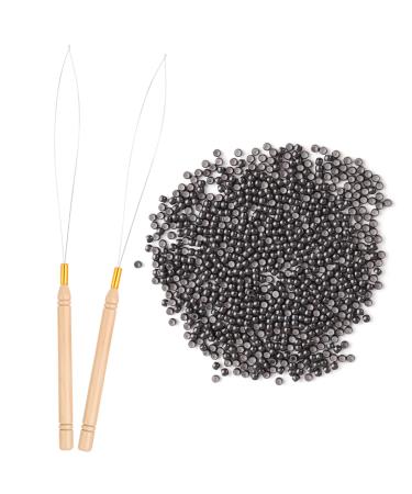 Vlasy Nano Beads Silicone Lined 3.0mm Nano Rings 200PCS and 2PCS Hair Extension Loop Needle Threaders for Hair Extensions or Hair Tinsel (Dark Brown) Dark Brown Beads Loop Threaders Set