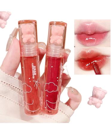 New Irven 2Pcs Bear Lip Glaze Jelly Lipstick Liquid Lipstick Cute Bear Lipgloss Moisturizing Lip Stain Plumping Water Lip Gloss Waterproof Long Lasting Cheek Rouge Tint Cosmetics Bear Beauty Makeup