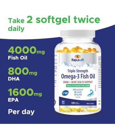 MapleLife - Triple-Strength - Omega-3 Fish Oil - Brain + Heart Health - Essential Fatty Acids - DHA EPA - Fish Oil Softgel 2000 Mg - 300 softgels - Buy Online on SooperMarket.com
