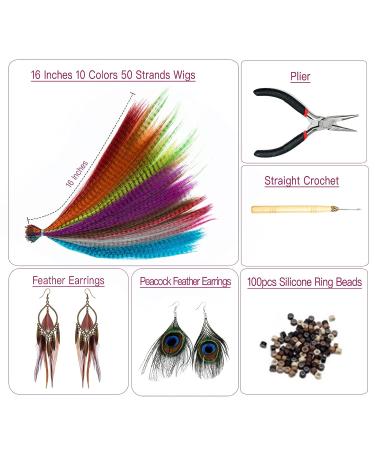Feather Hair Extensions Kit: 16 Inches 50 Strands Colored Hair Extensions with Rooster & Peacock Feather Earrings - Ideal Christmas Hair Accessories for Women and Girls - Buy Online on SooperMarket.com