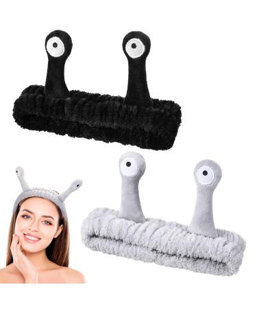 Heyu-Lotus 2 PCS Snail Face Wash Headband for Women Girls Spa Hair Bands Makeup Head Band soft Coral Fleece Skincare Headband cute Elastic Headband Creative Hair Accessories(Grey+Black)
