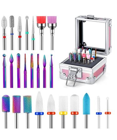25Pcs Nail Drill Bits Set with Portable Nail Drill Dit Holder, 3/32 Inch Nail Drill Bits for Acrylic Nails, Ceramic Diamond Carbide Cuticle Efile Remover Bits for Home Salon Acrylic Gel Nail Polish Pink