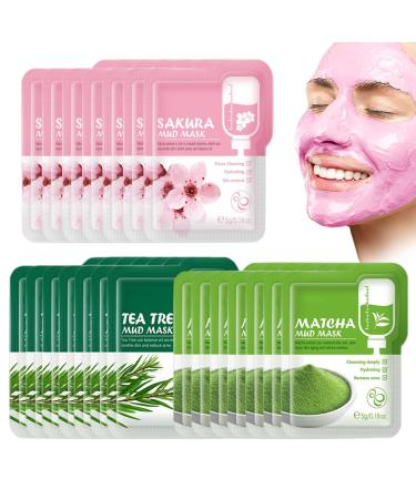 VEROA 21 Pieces Clay Mask - Natural Cherry Blossom/Tea Tree/Green Tea Face Mask - Deep Cleansing Anti Aging Brightening Hydrating Face Mask for All Skin Types Face Masks Skincare - 5g*21