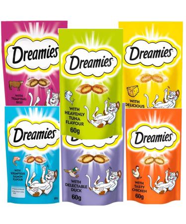 Pulla Dreamies Cat Treats Selection Box Chicken Cheese Salmon Beef Duck Turkey - 6 x 60g Bags