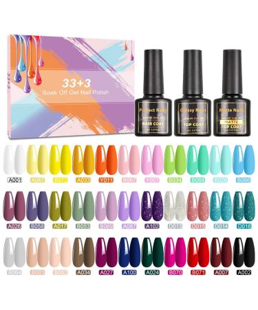 Gel Nail Polish- SHOWNAIL 36Pcs Gel Polish Soak Off Gel Nail Polish Set with Base Glossy Matte Top Coat Popular Pastel Black White Nude Neon Glitter Gel Nail Polish Colour DIY Nail Collection 33A