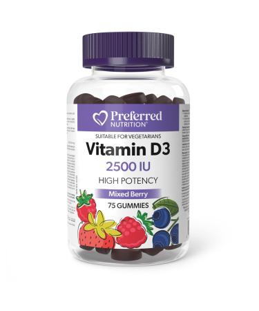 Preferred Nutrition Vitamin D3 2500IU 75 Gummies High Potency Mixed Berry Flavour Helps prevent Vitamin D deficiency Suitable for Vegetarians 75 count (Pack of 1) D3 2500 IU