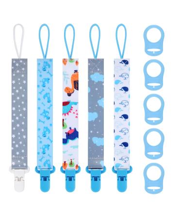 5 Pcs Dummy Clips with 5 Pcs Silicone Adapter PP Material Baby Pacifier Clip for Boys Soother Chain Holder Straps Teething Clips for Baby Teething Toys Baby Shower (Blue)