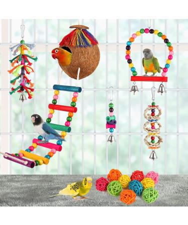 17-Piece Bird Parakeet Toy Set | Swing, Chew, Climb, Hang | Coconut Cage Toys for Cockatiels, Conures, Finches, Budgies | Lovebird Accessories - Buy Online on SooperMarket.com