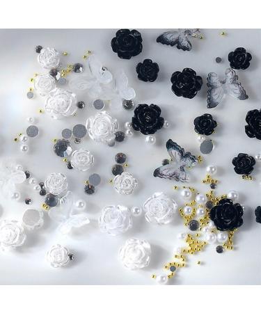 3D Flower Nail Charms 200 Pcs White Black Clear Acrylic Camellia Nail Art Charms Rose Butterfly Nail Rhinestones Gems Jewelry with Mini Caviar Beads Pearls (White+Black+Clear)