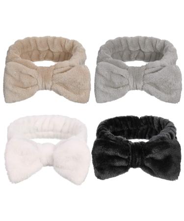 GOTH Perhk 4 Pack Spa Bowknot Hair Bands Coral Fleece Makeup Headband Elastic Head Wrap for Washing Face Shower Yoga Sports Skincare(Black White Gray Khaki)