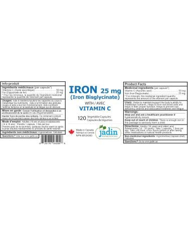 Iron Bisglycinate 25 mg with Vitamin C 120 Vegetable Capsules - Buy Online on SooperMarket.com