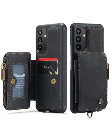 Soonic leather cover for Samsung Galaxy A34 5G magnetic wallpaper protective cover for cards and cash zipper folding cover with straps stands with coin compartment protective cover (A34 black) A34 black