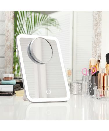 Fancii Rechargeable LED Travel Makeup Mirror with 3 Color Settings and Detachable 10x Magnifying Mirror - Dimmable Touch Light, Adjustable Kickstand - Lighted Portable Vanity Mirror (Aura Go 2) - Buy Online on SooperMarket.com