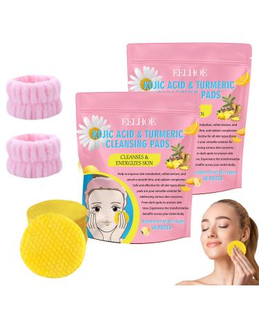 Neyeau Kojic Acid and Turmeric Pads 80 Pieces Turmeric Kojic Acid Pads Suitable for Unclogging Pores and Balancing Skin Oil and Water Belt Face Wash Wristband 2 Pieces