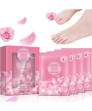 Foot Soak for Foot Spa Rose Foot Spa Salts 4PCS Foot Pack with Foot Soak Foot Scrub Foot Mask Foot Lotion Foot Spa Set for Foot Exfoliator Foot Salts for Foot Spa Foot Salt Bath Jelly Pedicure Packs