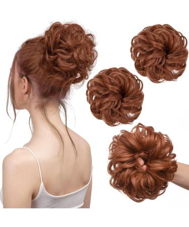 PORSMEER 2 pieces Messy Hair Buns Extensions Curly Wavy Hair Elastic Easy Scrunchies for Women Girls Large Synthetic Donut Updo Hair Pieces Hair Chignons copper red 350#