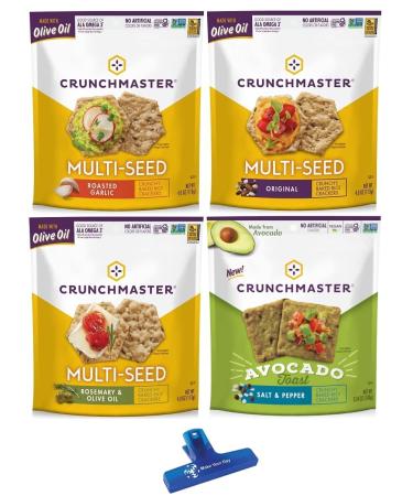 Crunchmaster Multi-seed Crackers, Roasted Garlic, Original, Rosemary & Olive Oil, and Avacado Toast Salt & Pepper, 4 Ounce (Pack of 4) - with Make Your Day Bag Clip