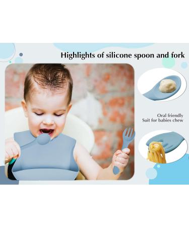 Hoseay 5 Pcs Silicone Baby Weaning Set with Suction Bowl, Plate, Fork, Spoon & Bib - Blue | Baby Led Weaning Feeding Supplies for Kids - Buy Online on SooperMarket.com