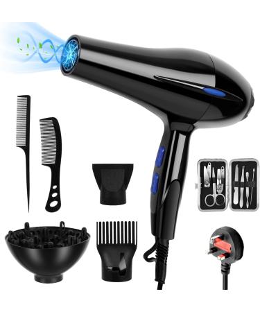 Cliplanyard Ionic Hairdryer 1200W AC Black Professional Hair Dryer Motor Fast Drying Salon with 2 Speed 3 Heat Setting Cool Button Diffuser Nozzle Concentrator Comb for Curly and Straight - Buy Online on SooperMarket.com