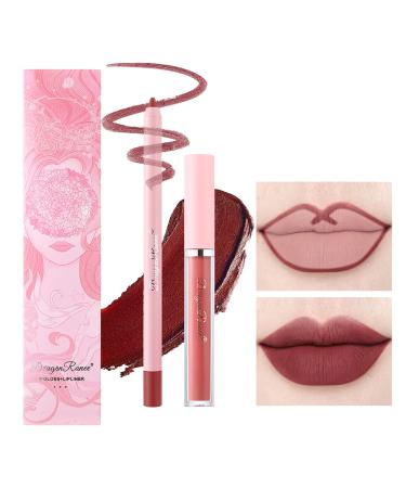 2pcs Lip Liner Pencil and Lipstick Set Velvety Matte Creamy Crayon Lipstick Matte Lip Liner Pencil Lip Crayon Long Lasting Waterproof Lipgloss High Pigmented Lip Colors Not Fade No Smudge Lip Stain Makeup Gift Kit for Wo...
