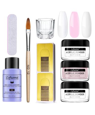 Lofuanna Acrylic Powder and Liquid Set Professional Acrylic Nail Kit with 3 Colors 20g Acrylic Powder 40ml Acrylic Liquid Monomer Nail Brush Nail Forms for Nail Extension Nail File Nail Art Kit (01) set-4