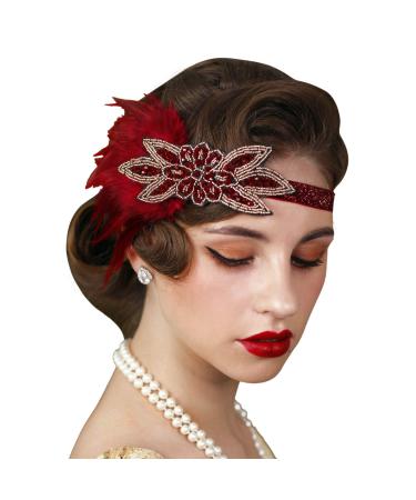 SWEETV 1920s Flapper Feather Headband 20s Sequined Showgirl Headpiece Gatsby Hair Accessories for Women Burgundy