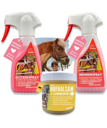 EMMA Horse Care Set of 3 Horse Glitter Spray Hoof Grease in Pink with Strawberry Scent & Glitter Mane Spray for Fur Mane and Tail for Horses Grooming Box
