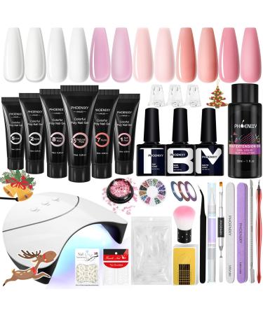 Poly Extension Gel Kit Phoenixy 6 Colours Poly Nail Gel Kit with 36W UV/LED Lamp Complete Nail Extension Kit Poly Nail Polish Gift Kit for Woman 6 COLORS KIT-4