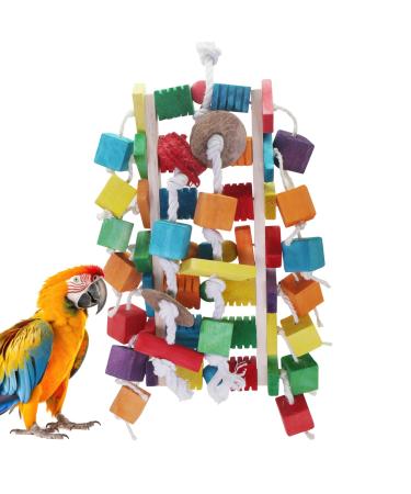 MQUPIN Large Bird Parrot Toys Colorful Wooden Blocks of Different Shapes Chew Parrot Toys 22 Inch Natural Wooden Block Parrot Toys for African Greys Amazons Cockatoos and Macaws large parrot toys M-12inch