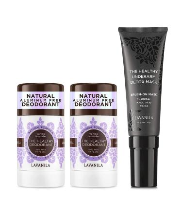 Lavanila Vanilla Lavender Aluminum Free Deodorant 2-pack + Charcoal Brush-On Underarm Detox Mask - Make the Switch to Natural Deodorant
