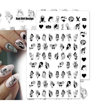 Bad Girl 3D Nail Art Stickers - Black and White Self Adhesive Design for Sexy Women and Girls | 8 Sheets - Buy Online on SooperMarket.com