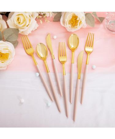 90 Piece Gold Plastic Silverware Set with Pink Handles - Perfect for Parties and Weddings - Buy Online on SooperMarket.com