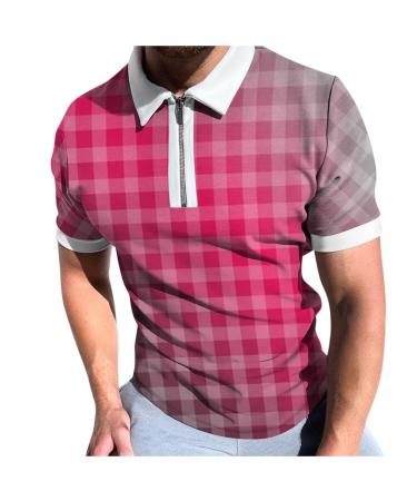QWUVEDS Men's Spring/Summer Short Sleeve Zipper Plaid Print Casual Sports Suit Travel Bag Pink 3XL
