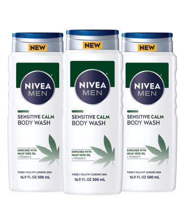 NIVEA MEN Sensitive Calm Body Wash with Vitamin E and Hemp Seed Oil 3 Pack of 16.9 Fl Oz Bottles
