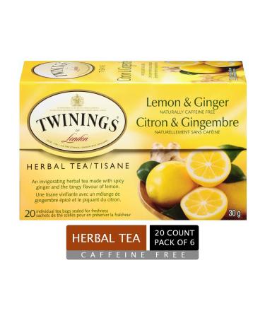 Twinings Lemon & Ginger Herbal Individually Wrapped Tea Bags | Naturally Caffeine-Free | 20 Count (Pack of 6) | Enjoy Hot or Iced Lemon and Ginger 20 Count (Pack of 6)