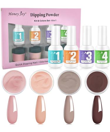 Dip Powder Nail Kit - 4 Colors Nude Pink Brown Starter Set | Acrylic Dipping System with 4 Powder & 4 Liquid 15ml Bottles - Buy Online on SooperMarket.com