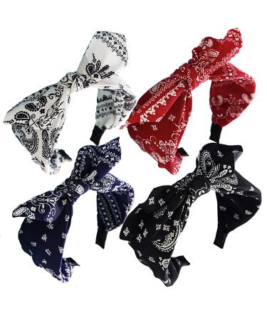 Paisley Print Wide Bow Headbands for Women Bandana Rabbit ear Elastic Hairband Cute Knot Headbands Hair Accessories (Style 1: (Red, white, Navy, black)