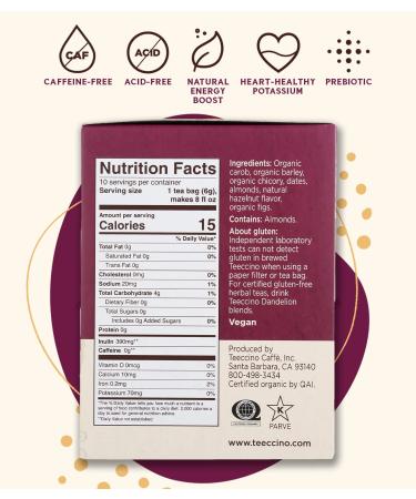 Teeccino Roasted Herbal Tea - Medium Roast Hazelnut, Caffeine Free, 10 Tea Bags (2.12 oz) - Buy Online on SooperMarket.com