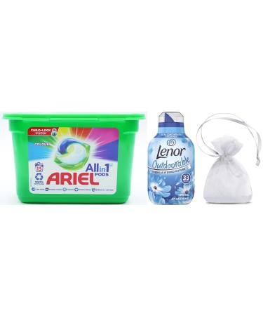 Ariel Colour All-in-1 Pods Laundry Washing Capsules 1Pk 15pods + Lenor Outdoorable Ultra Concentrated Fabric Conditioner 33w 462ml Spring Awakening + Our Gift for You: Organza Bag Size 9x7x0.1cm