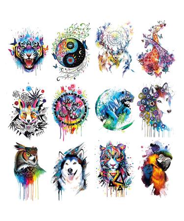 Oottati 12 Sheets Large Temporary Tattoos - 21x15cm Flower Arm Watercolor Hand Paint Fox Wolf Tiger Tai Chi Giraffe Deer Dream Catcher Owl Macaw Parrot For Men and Women