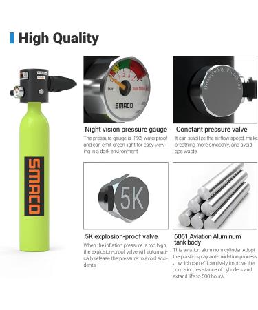 SMACO S300+ Portable Mini Dive Cylinder | 5-12 Minutes Capacity | Corrosion Resistant | Constant Pressure Valve | Refillable Pony Bottle - B-green - Buy Online on SooperMarket.com