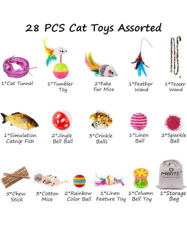 MIBOTE 28Pcs Cat Toys Set - Cat Tunnel, Catnip Fish, Feather Teaser Wand, Fluffy Mouse, Balls and Bells - Perfect Variety Pack for Cat and Kitten Entertainment - Buy Online on SooperMarket.com