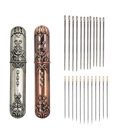 2 Pieces Vintage Needle Case Convenient Needle Storage Sewing Supplies with 24 Pcs Self-Threading Needles for Storing Handmade Sewing Embroidery Needle Accessories COPPER + SILVER MEDIUM